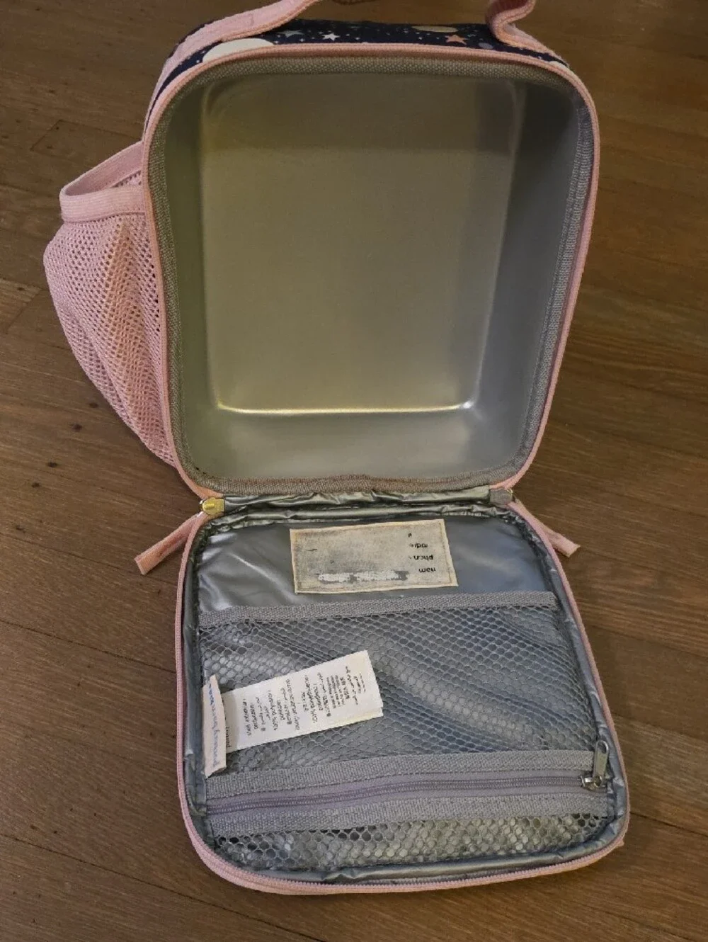 Pottery Barn Kids Mackenzie Navy Space / Stars Print Lunch Box with Pink Trim